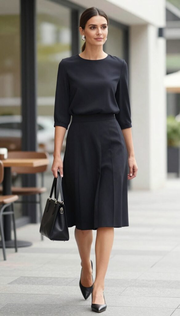 A woman wearing a blouse and pleated black skirt outfit for a polished summer look, styled with low heels, a structured handbag, and statement earrings in a bright natural setting.