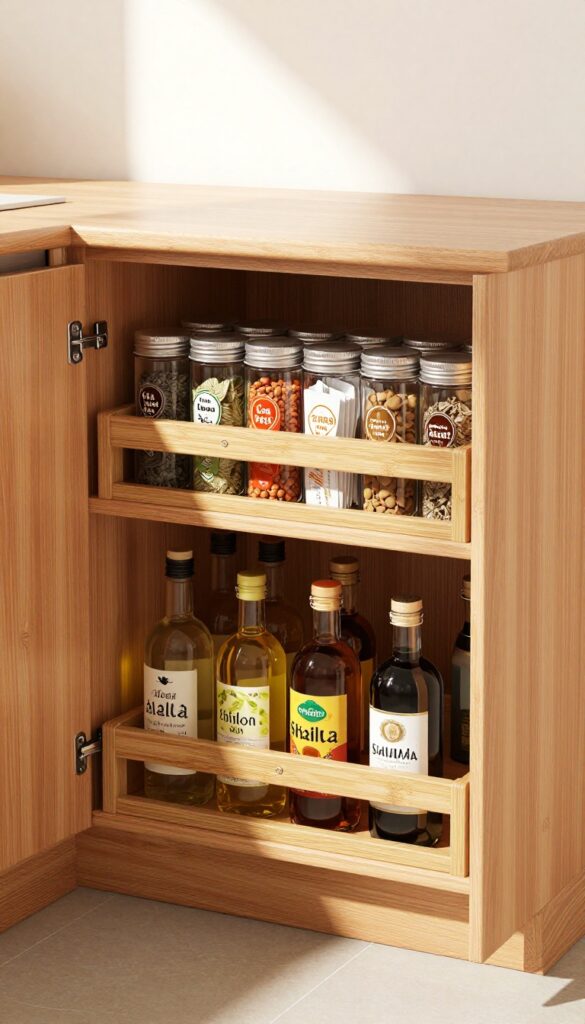 Two-tier lazy Susan in an open corner kitchen cabinet with spices and oils.