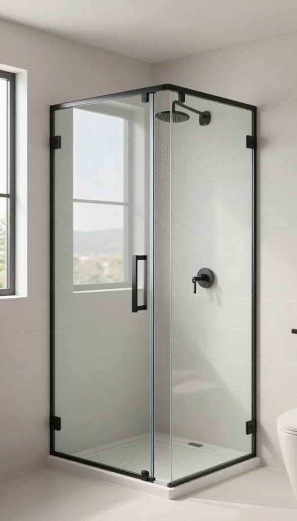 A modern bathroom featuring a clear glass pivot shower door with matte black hardware, open to show subway tile and a rainfall showerhead in bright natural light.