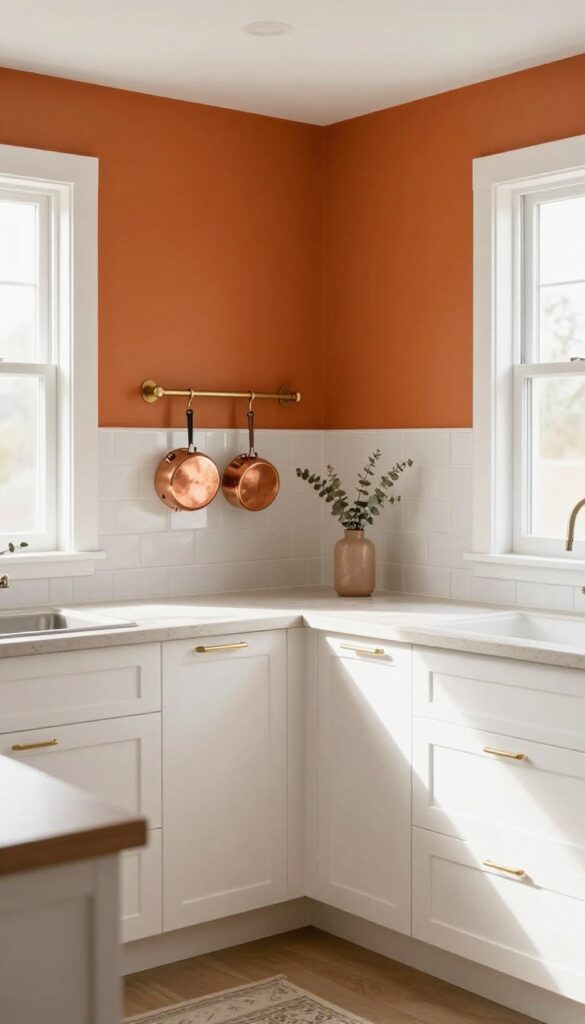 Bright kitchen with white cabinets and a burnt orange accent wall behind the stove, brass hardware, and natural light.