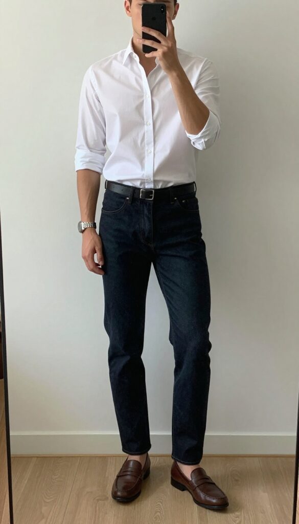 Man in crisp white shirt and dark denim jeans taking a mirror selfie, smart casual outfit.