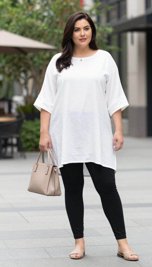 A woman wearing a flowy tunic top and black leggings for a casual chic summer outfit, styled with ballet flats and a structured handbag in a bright outdoor setting.