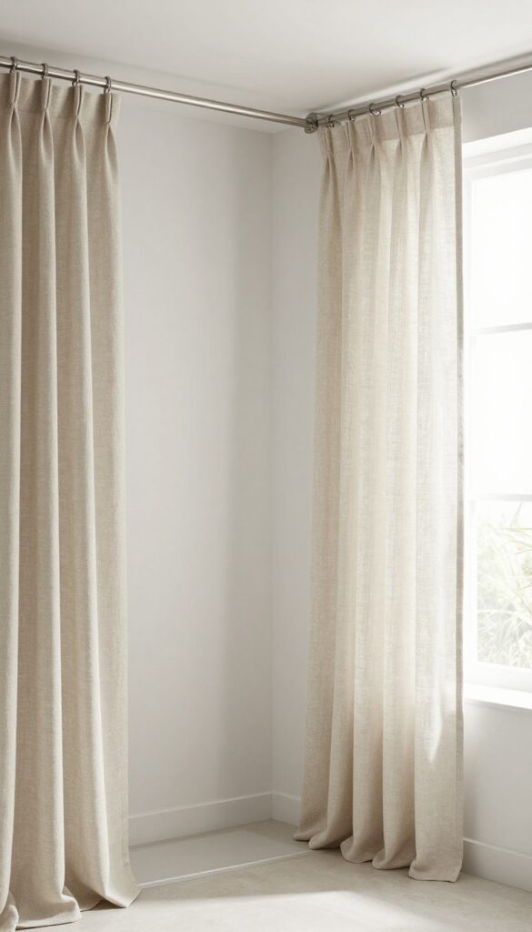 Ceiling-mounted shower curtain rod in a bright, airy bathroom with neutral linen curtains pooling on the floor, creating a spacious and luxurious feel without text or labels.