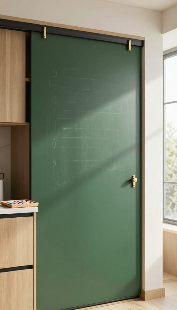 A sliding chalkboard door in a warm kitchen with chalk and a tray nearby