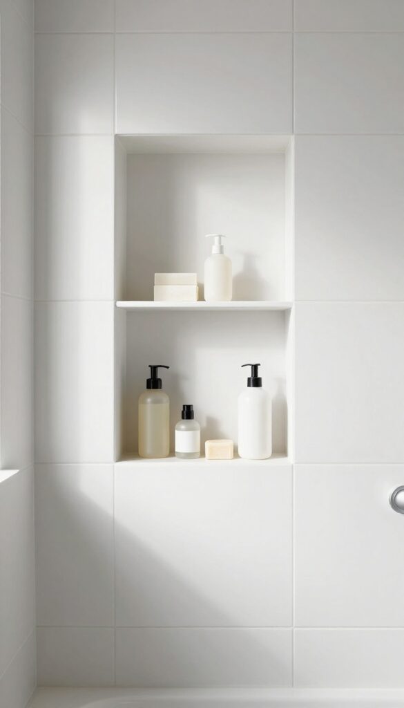 A built-in niche in a tiled shower wall for seamless storage in a small bathroom.