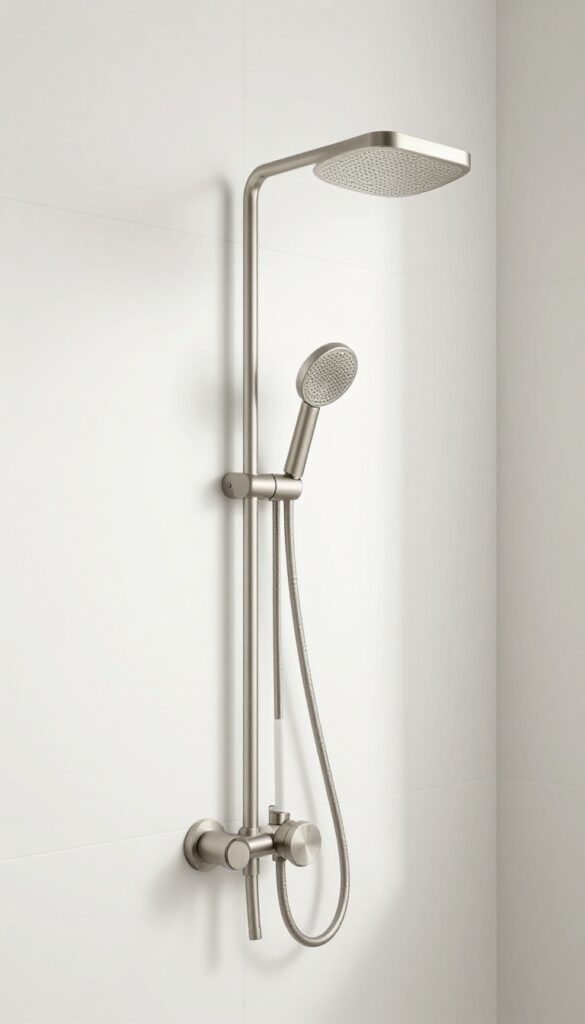 Close-up of an adjustable shower arm in a bright, modern bathroom, showing its custom height and angle for comfortable use.