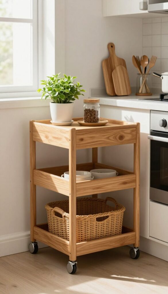 A narrow wooden rolling cart in a cozy kitchen, used as a mobile prep station with plants and utensils, filling a gap between fridge and counter.