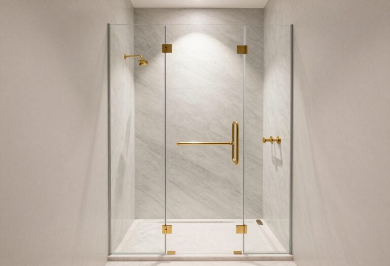 Elegant marble walk-in shower with textured walls, brass fixtures, and layered lighting in a modern bathroom.
