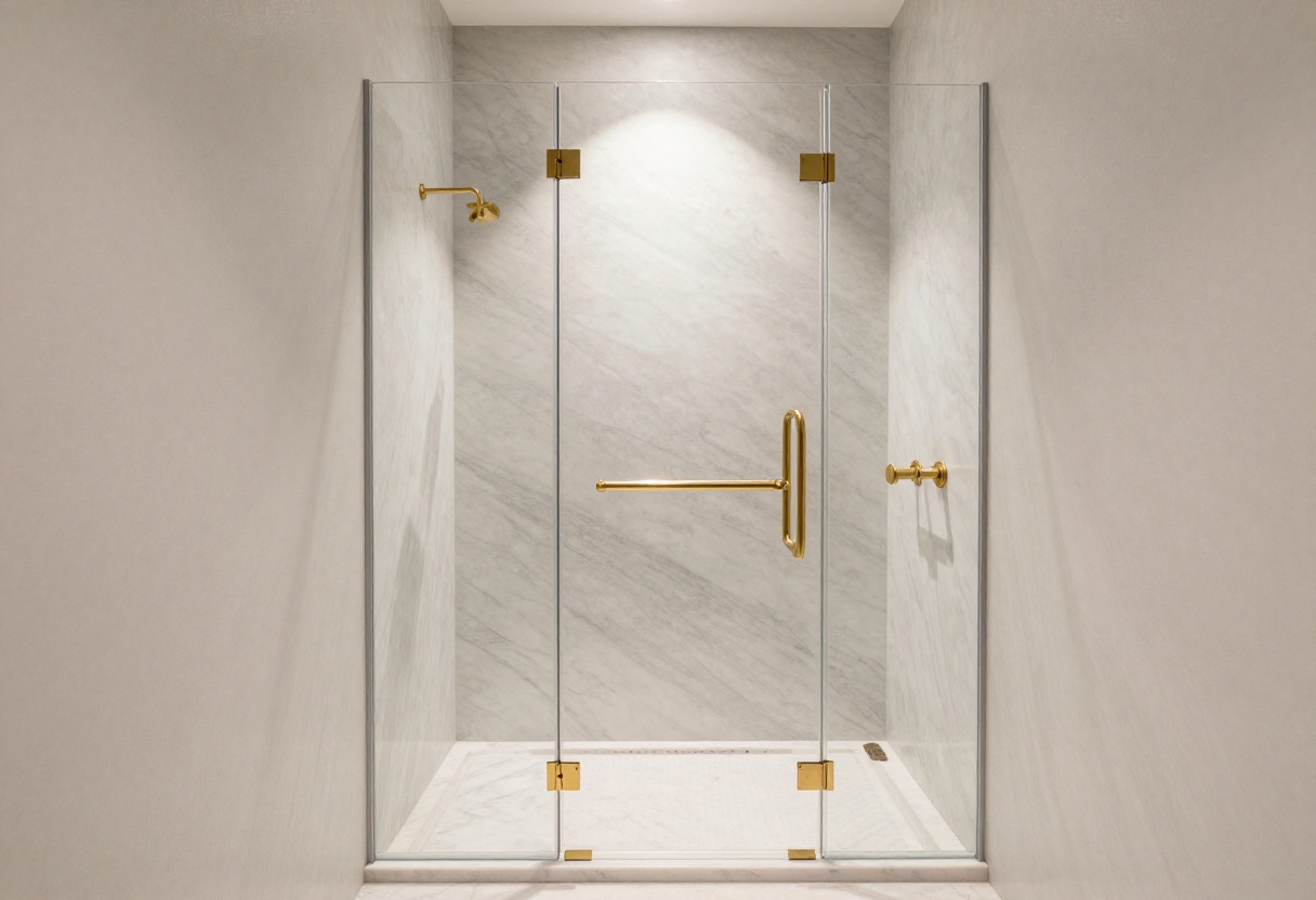 Elegant marble walk-in shower with textured walls, brass fixtures, and layered lighting in a modern bathroom.