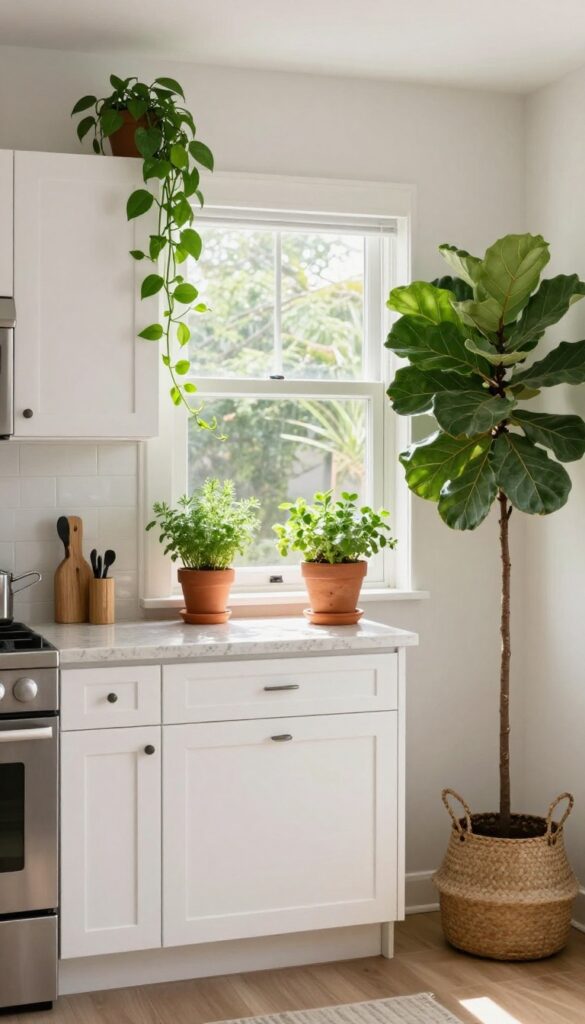 Modern kitchen with potted herbs on windowsill, trailing pothos on cabinet, and fiddle leaf fig in corner