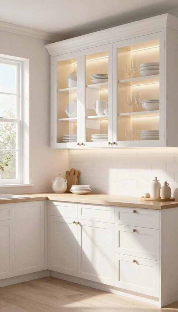 Glass-front kitchen cabinets with interior lighting showcasing white dishes and glassware