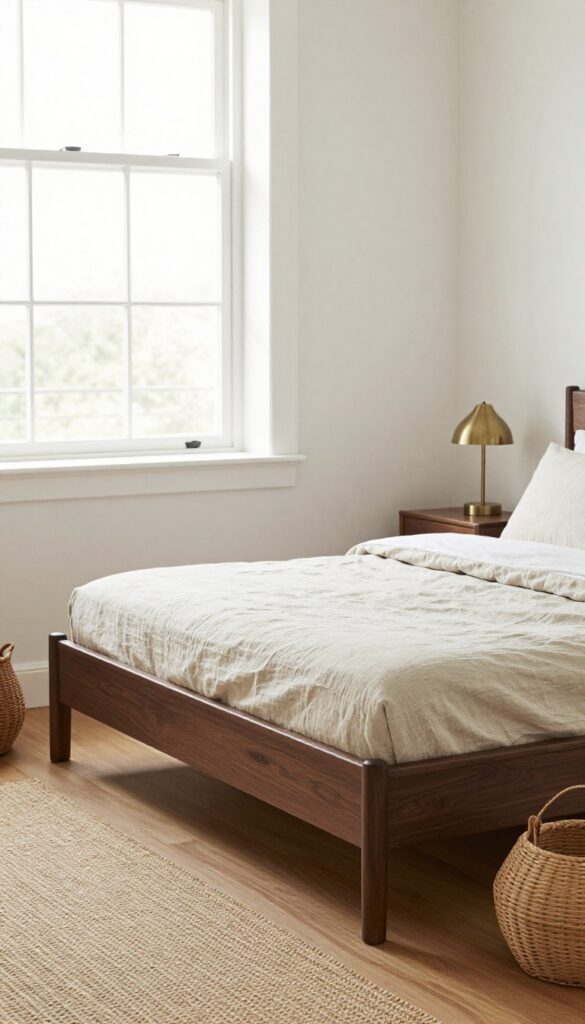 A cozy bedroom featuring a dark brown wood bed frame with neutral bedding and natural decor elements.
