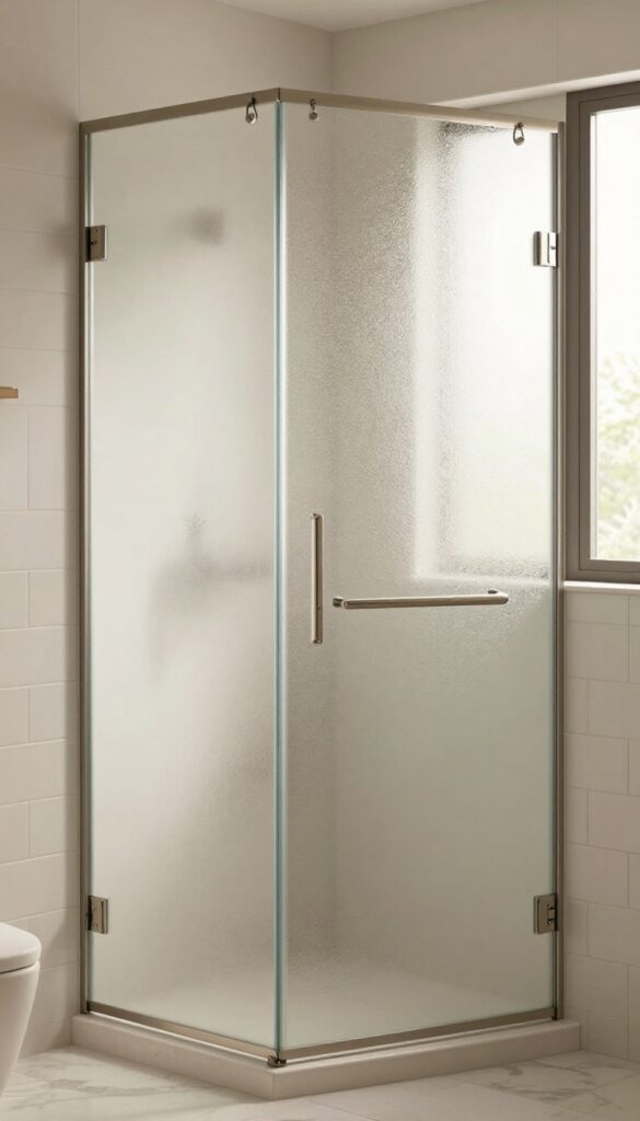 A bathroom with a frosted glass shower door that diffuses natural light for privacy and an airy feel, featuring subway tiles and warm lighting.