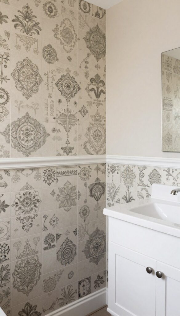 Guest bathroom with vintage tile-pattern wallpaper in a two-tone Mediterranean-inspired design on the lower wall, featuring a white vanity and simple mirror under bright natural light.