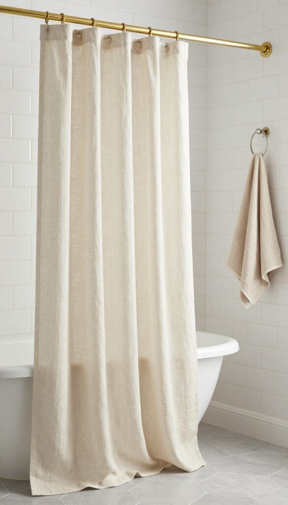 Soft linen blend oatmeal shower curtain in farmhouse bathroom with natural light and textured fabric