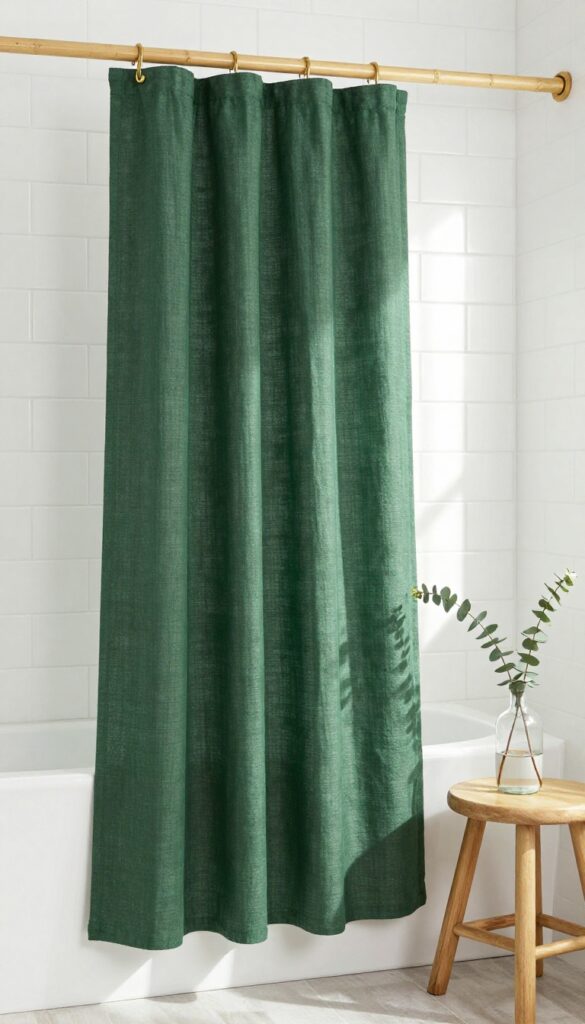 Dark green faux linen shower curtain in a bright bathroom with bamboo rod and eucalyptus decor.