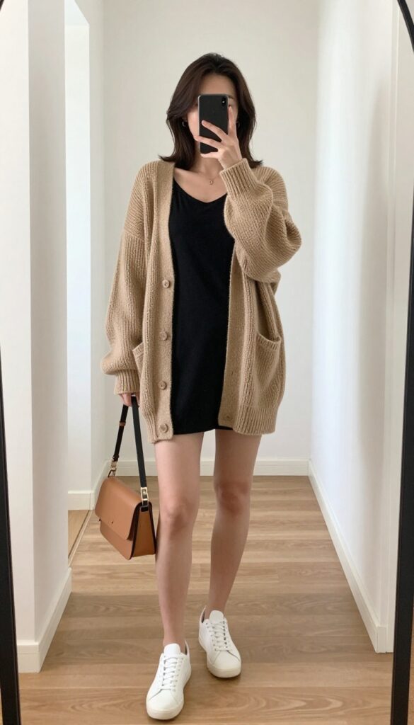 A woman takes a mirror selfie wearing a black tee dress layered with an oversized oatmeal cardigan, white sneakers, and a crossbody bag. The setting is a bright, modern interior with a mirror, showcasing a cozy yet stylish fall outfit.