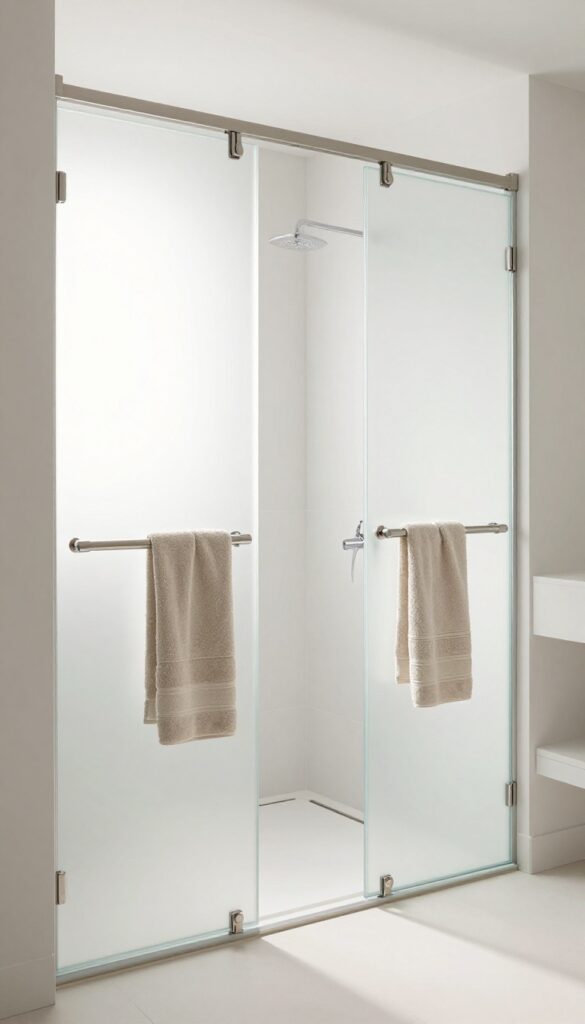 Frosted sliding glass doors in a modern bathroom for space-saving privacy and style.