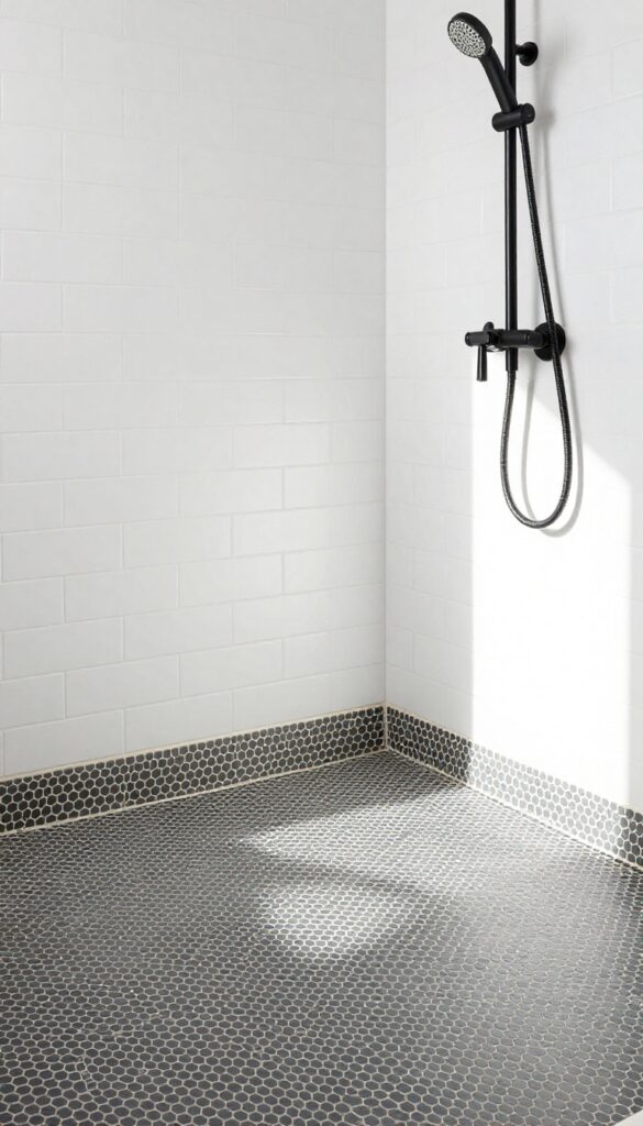 Modern walk-in shower with charcoal hexagon mosaic tile floor and matte black fixtures