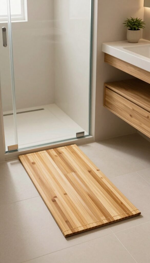 A natural bamboo shower mat on a tiled bathroom floor with wood accents and plants, creating a spa-like minimalist atmosphere.