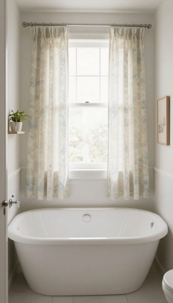 A corner bathtub with a patterned curtain in a small bathroom, showcasing space-saving design with natural light and decorative plants for an open, inviting feel.