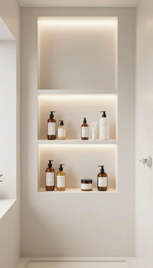 A photorealistic image of a master bathroom shower featuring built-in niche shelving with organized toiletries and subtle LED lighting, emphasizing clutter-free storage and an elevated design.