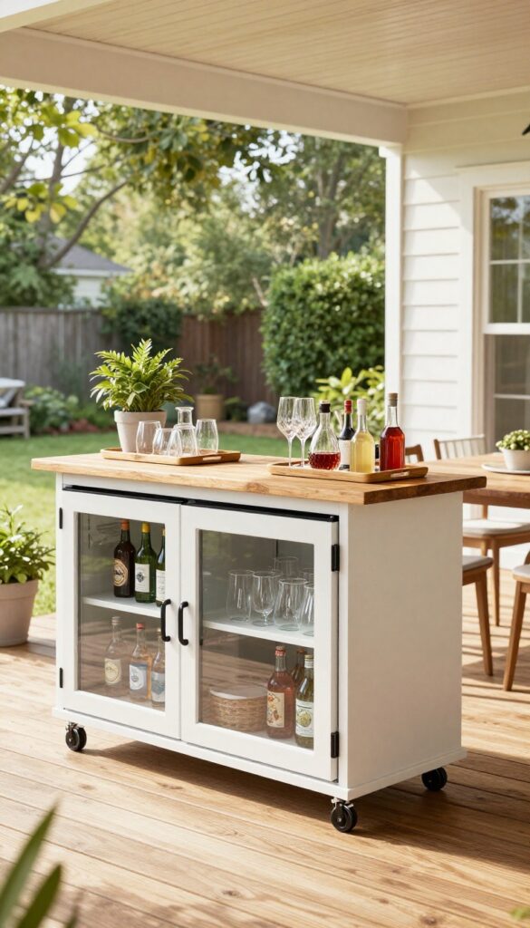 Outdoor bar station on a large deck with bar cart, glassware, mini fridge, and trays, surrounded by natural light and plants.