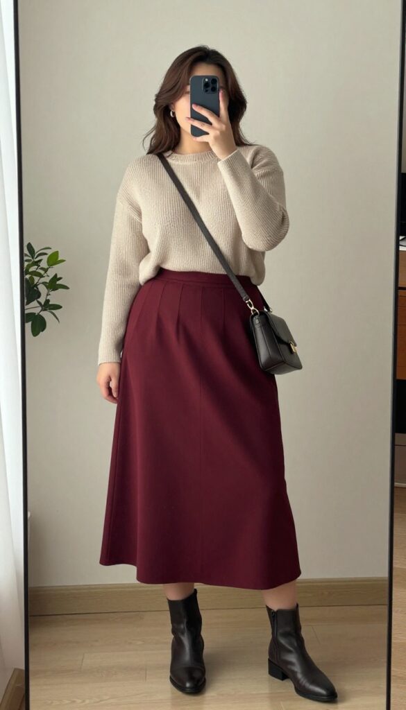 Plus-size woman in a pleated midi skirt and knit sweater, taking a mirror selfie, showcasing a cozy and polished cold-weather outfit.