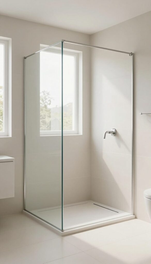 A modern bathroom featuring a curbless shower design with large-format tiles and natural lighting, emphasizing accessibility and a spacious feel.