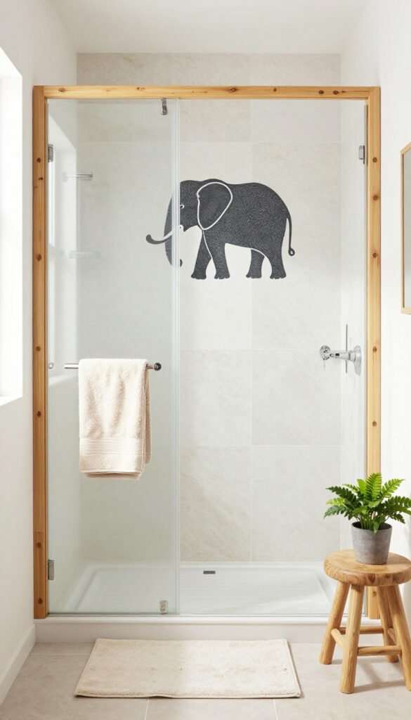 Minimalist elephant silhouette art framed in bamboo beside a bright shower with natural stone and wood accents.