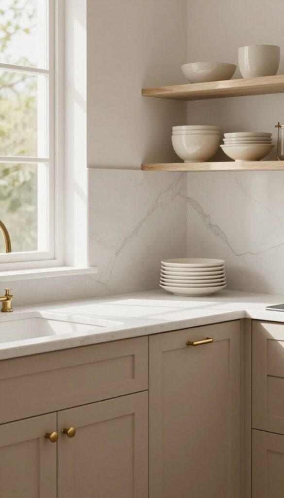 Elegant kitchen with warm taupe cabinets, brass hardware, white quartz countertops, and marble backsplash in natural light.