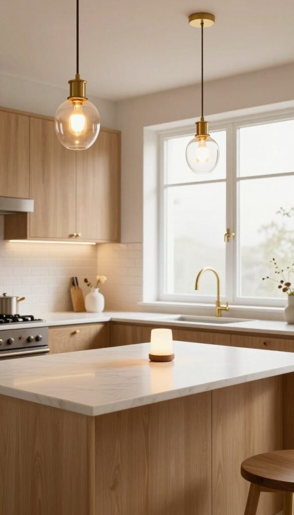 Narrow parallel kitchen with layered lighting: pendant lights, under-cabinet strips, and a counter lamp creating a warm, inviting glow.