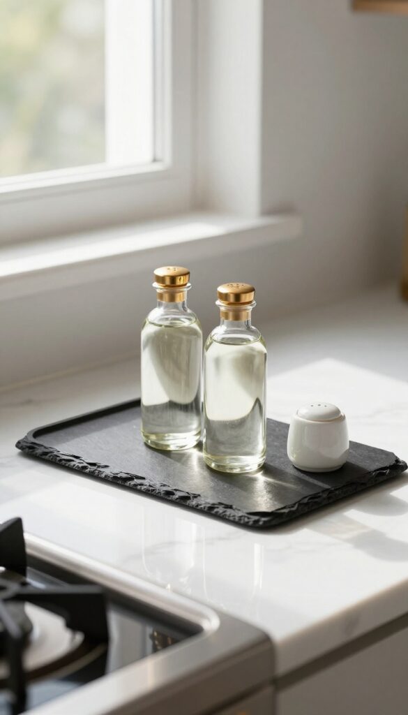 Slate tray with oil bottles on marble countertop