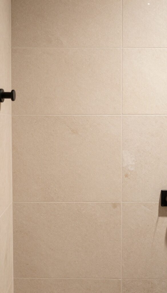 Close-up of natural stone tiles in a shower, featuring slate or travertine with earthy tones and textured surfaces, set against matte black fixtures under warm lighting for a rustic, elegant bathroom vibe.