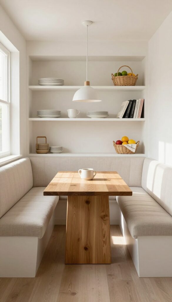 Corner booth with built-in shelving in a bright kitchen