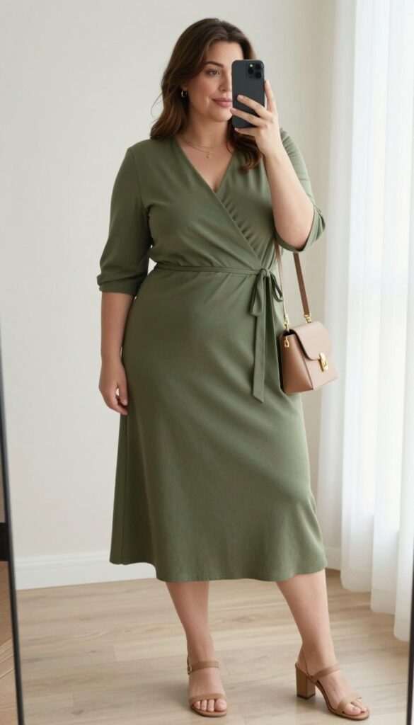 Plus-size woman in a wrap dress and neutral heels taking a mirror selfie, showcasing a flattering and comfortable outfit for casual occasions.