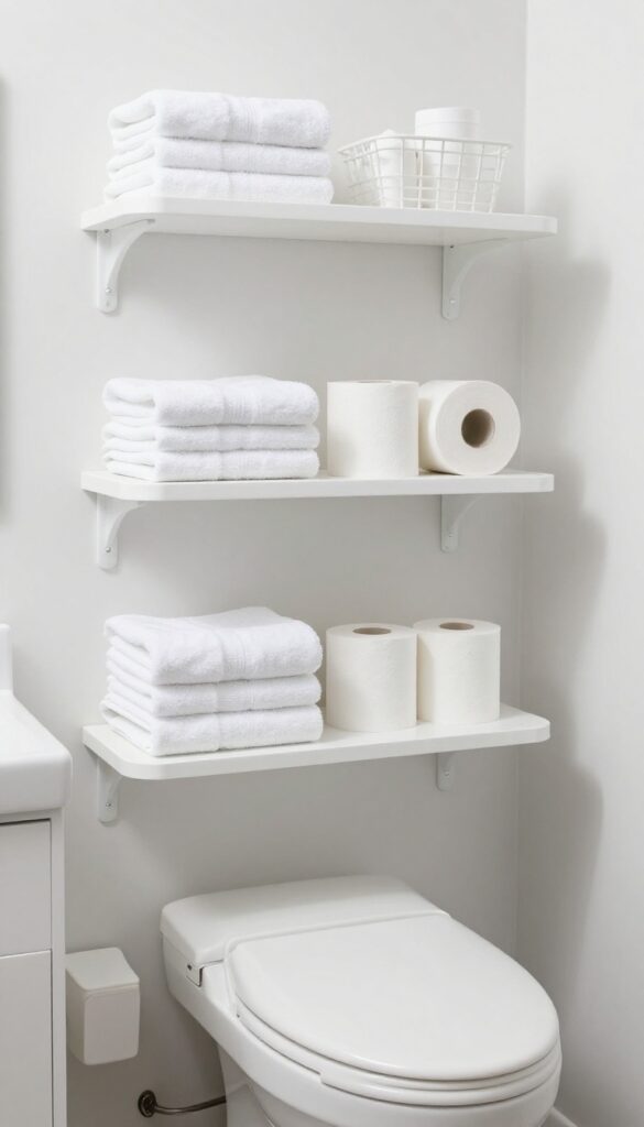 RV bathroom with vertical shelving above the toilet, featuring floating shelves holding towels and toiletries in natural light.