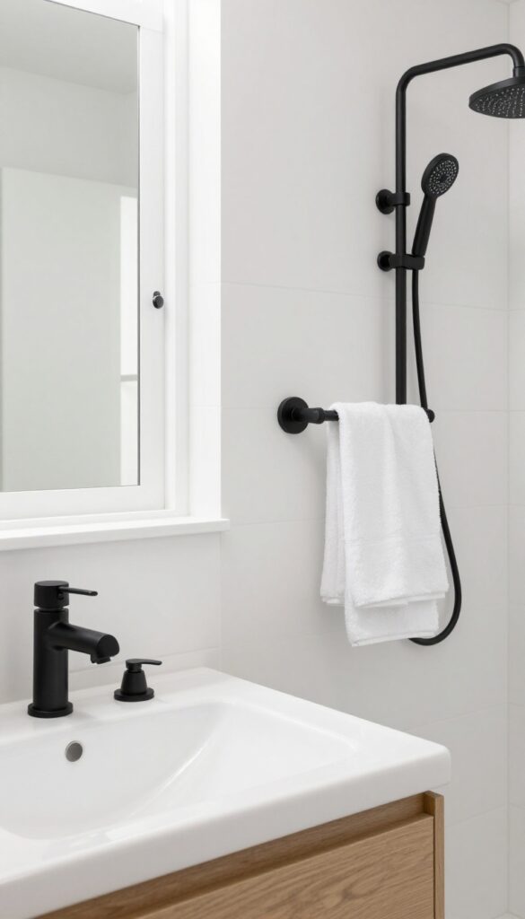 A modern bathroom with matte black fixtures and hardware on white surfaces, showcasing timeless black and white design in natural light.