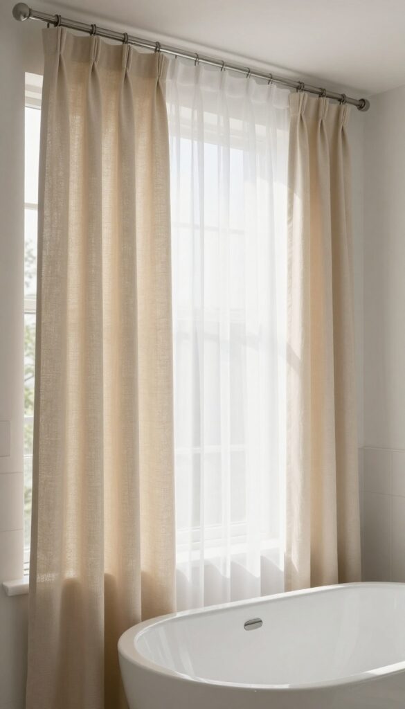 Layered sheer and solid shower curtains in a bright bathroom with natural light