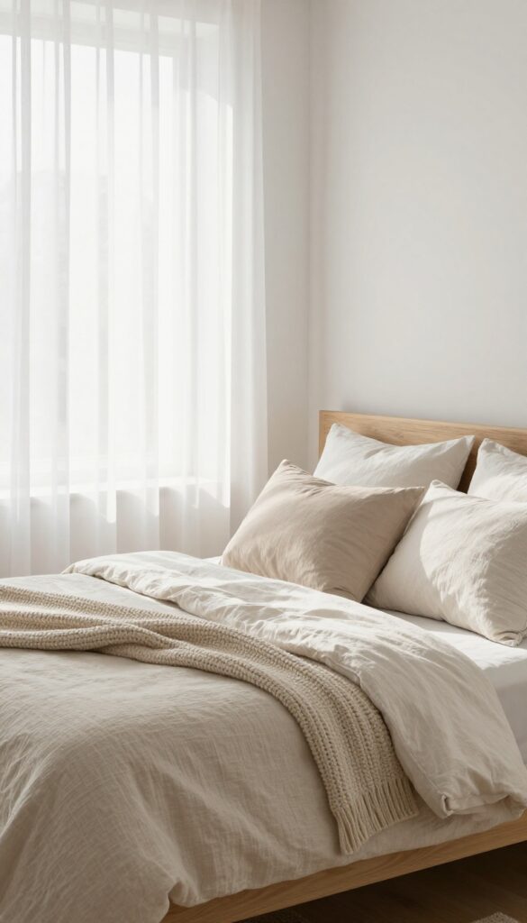 A serene bedroom with neutral layered bedding in ivory, sand, and light taupe, featuring a wooden headboard and soft natural light.