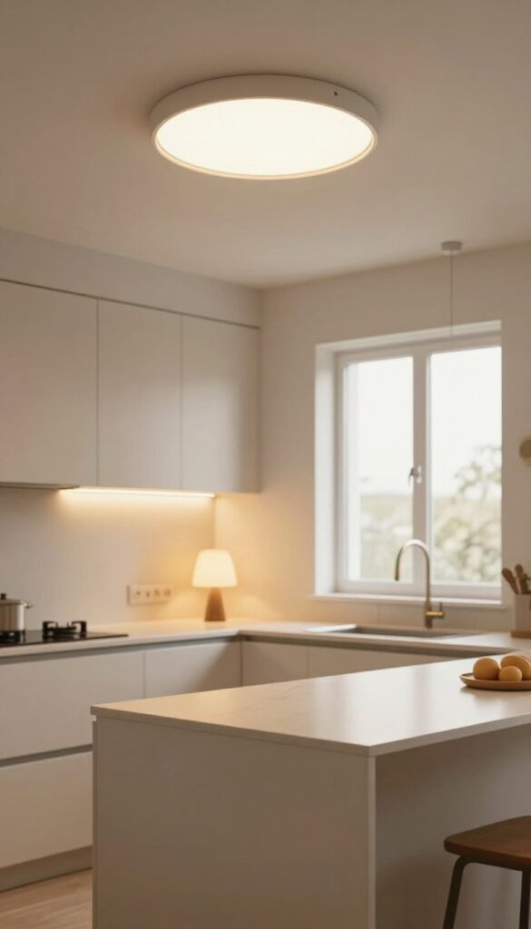 Cozy kitchen with layered lighting including ceiling light, under-cabinet LEDs, pendants over island, and a small table lamp.