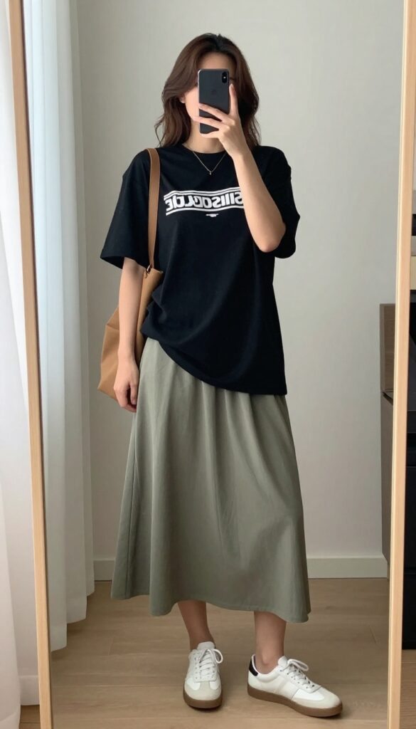 Midsize woman in a graphic tee and flowy midi skirt, taking a mirror selfie in a bright bedroom, showcasing a casual yet polished outfit.