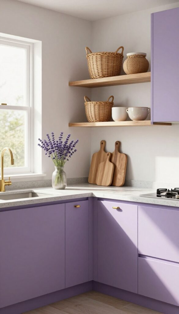 Soft lavender and warm gray kitchen with brass hardware and natural wood accents