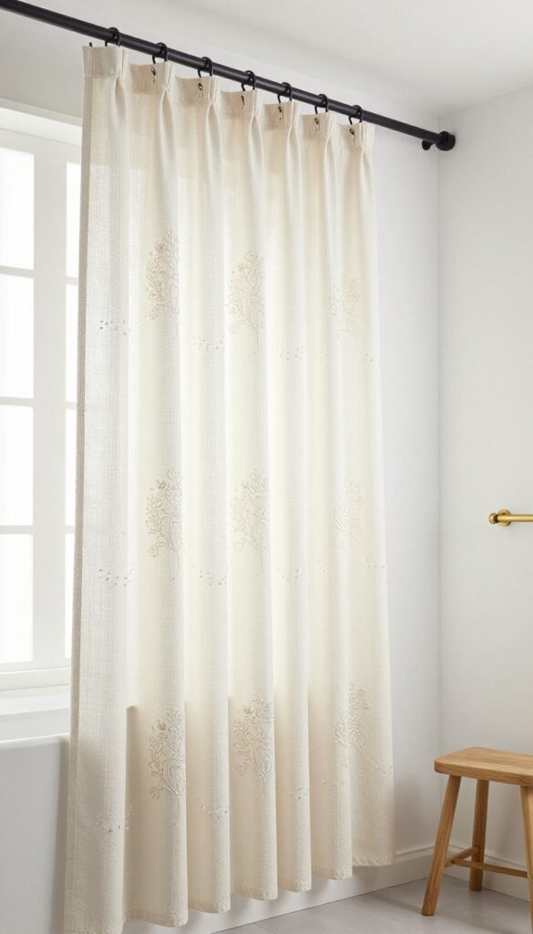 Bathroom with embroidered and beaded shower curtain catching light