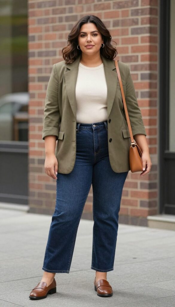 Plus-size woman in high-waisted jeans, cream knit top, olive blazer, and loafers in an urban street setting, embodying smart casual style.