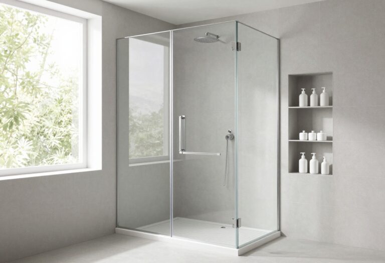 Modern small walk-in shower with frameless glass, light gray tiles, and built-in storage, showcasing a bright and open bathroom design.