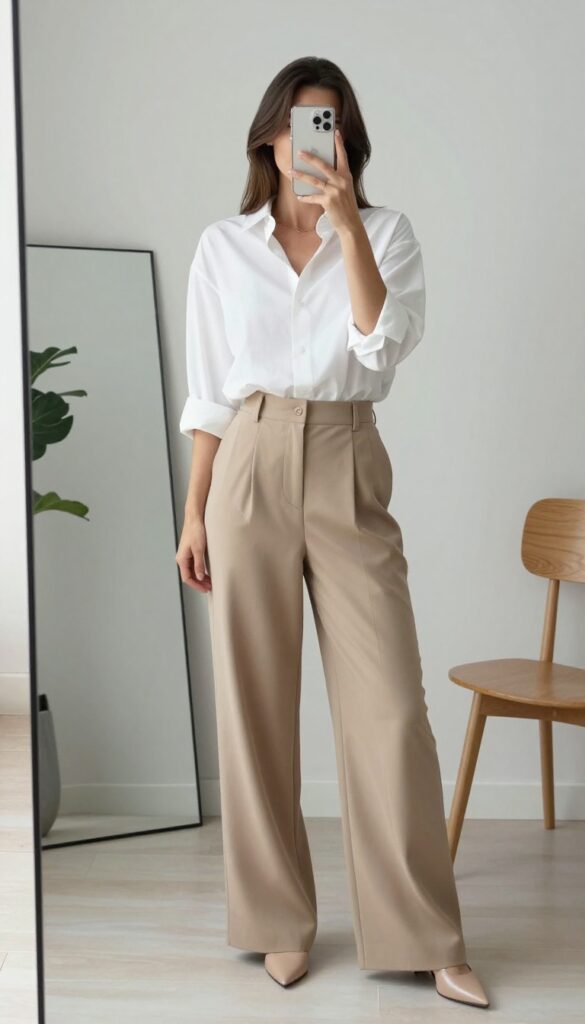 Woman taking a mirror selfie wearing a white button-down shirt tucked into high-waisted wide-leg beige trousers, with nude flats and a tan crossbody bag, in a bright minimalist room.
