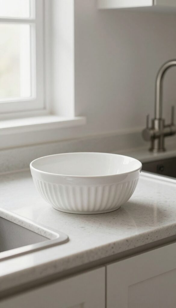 Oval porcelain dish with raised ribs holding a soap bar beside a kitchen sink, bright natural light, minimalist kitchen decor.