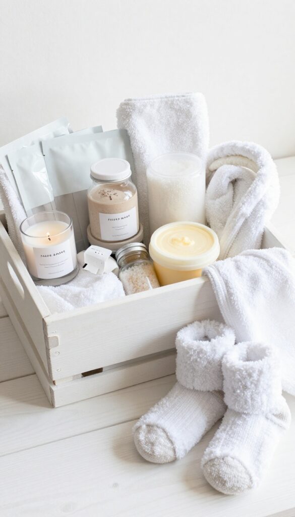 Spa and self-care gift basket with candles, masks, bath products, and cozy items on a white table.
