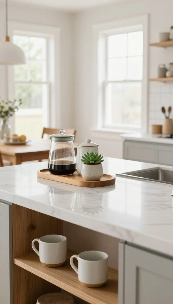 A kitchen diner with a beverage station on a marble countertop featuring a wooden tray with coffee and tea canisters, a succulent, and mugs on a shelf below.